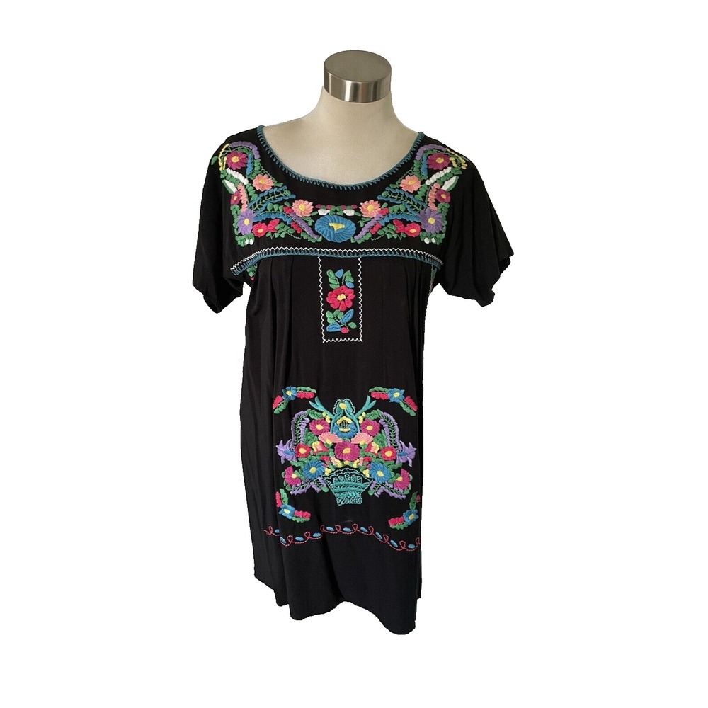 Izzy & Lola Black Mexican Floral Embroidered Boho Spanish Short Dress Size L